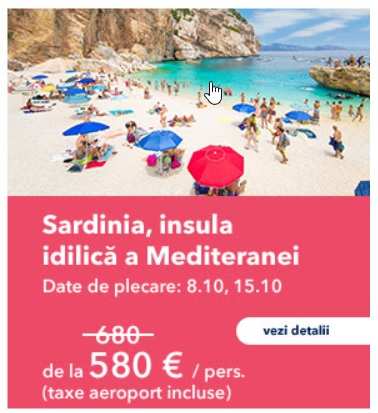 08.10 Zbor Bucuresti, Seniori Sardinia, insula idilica a Mediteranei 580 euro/7 nopti demipensiune, taxe aeroport incluse